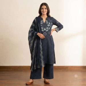 Navy Blue Printed 3 Piece Women’s Suit with Dupatta