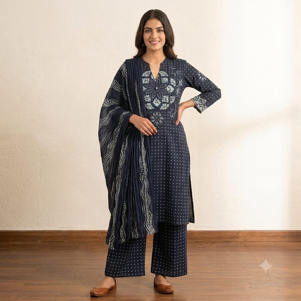 Navy Blue Printed 3 Piece Women’s Suit with Dupatta