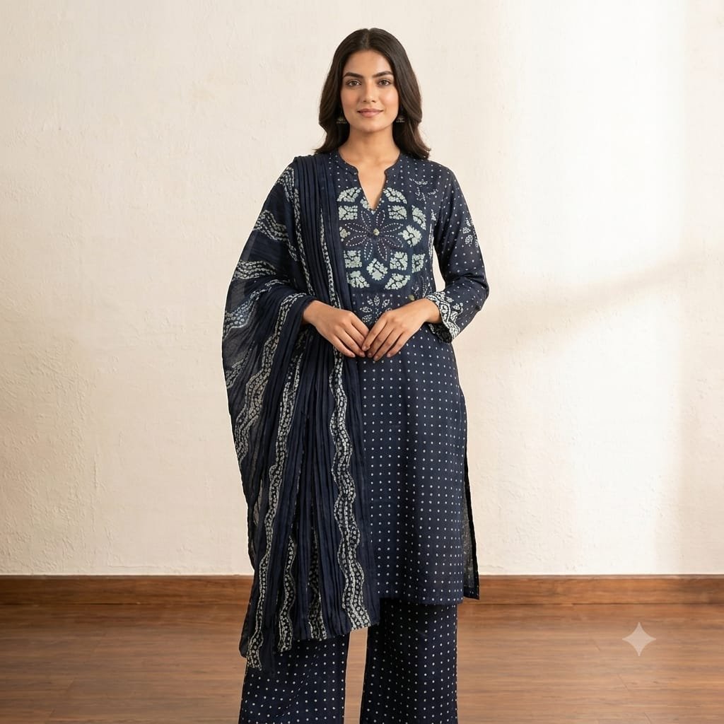 Navy Blue Printed 3 Piece Women’s Suit with Dupatta - Image 3