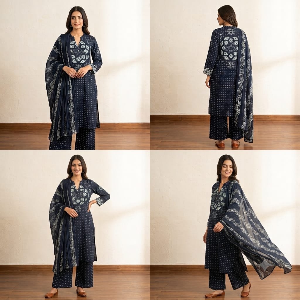 Navy Blue Printed 3 Piece Women’s Suit with Dupatta - Image 4