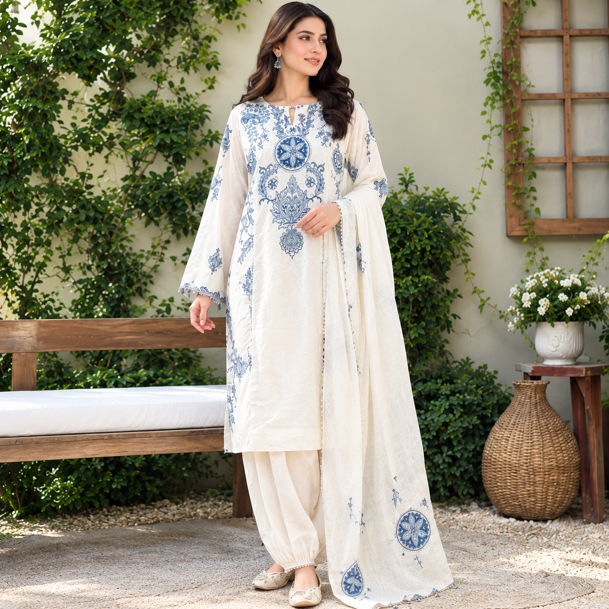 Elegant Cream & Blue Embroidered 3 Piece Suit for Women - Image 2