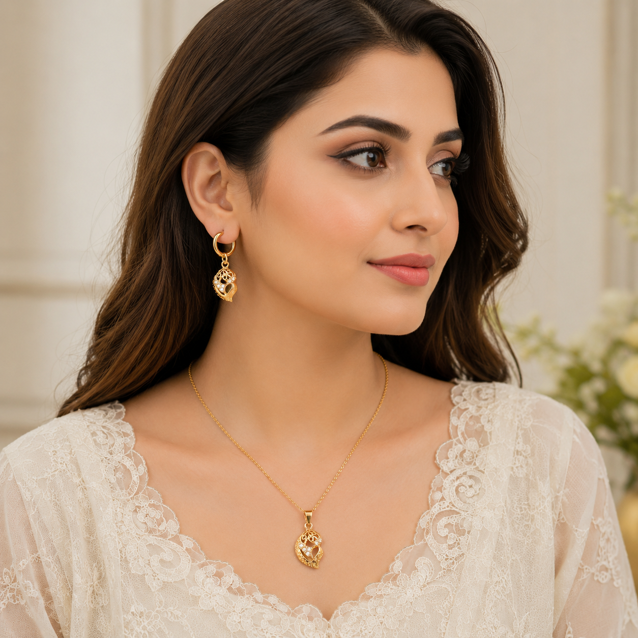 Elegant Gold Pendant Jewelry Set – Necklace & Earrings