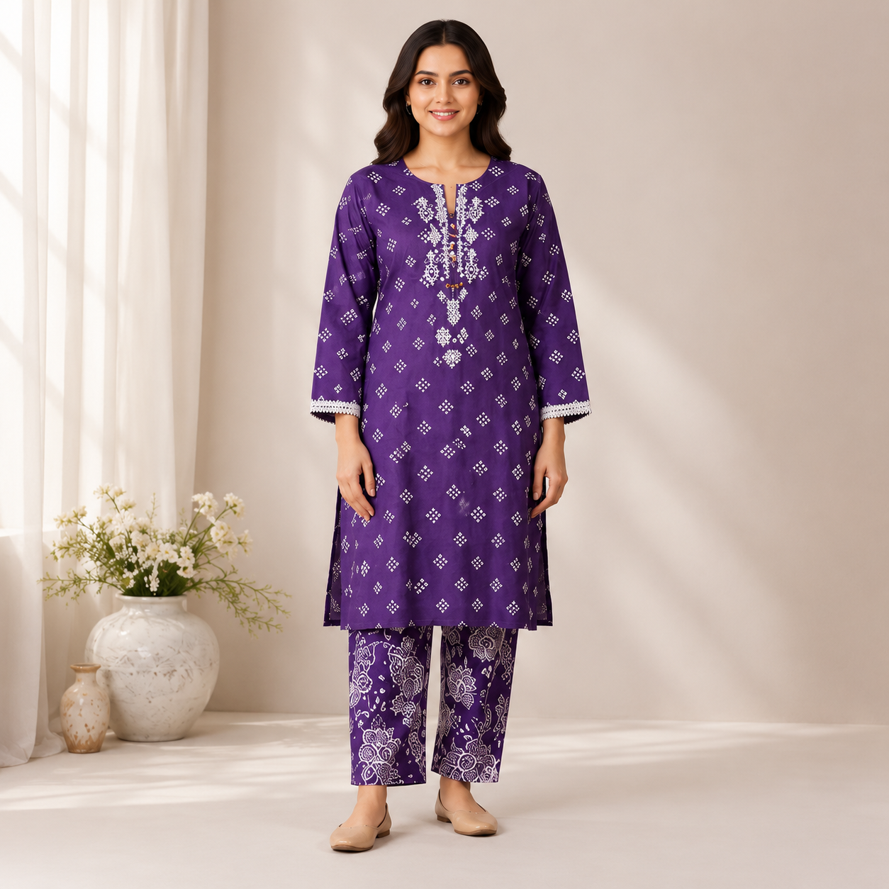 Purple Embroidered 2 Piece Summer Suit for Women