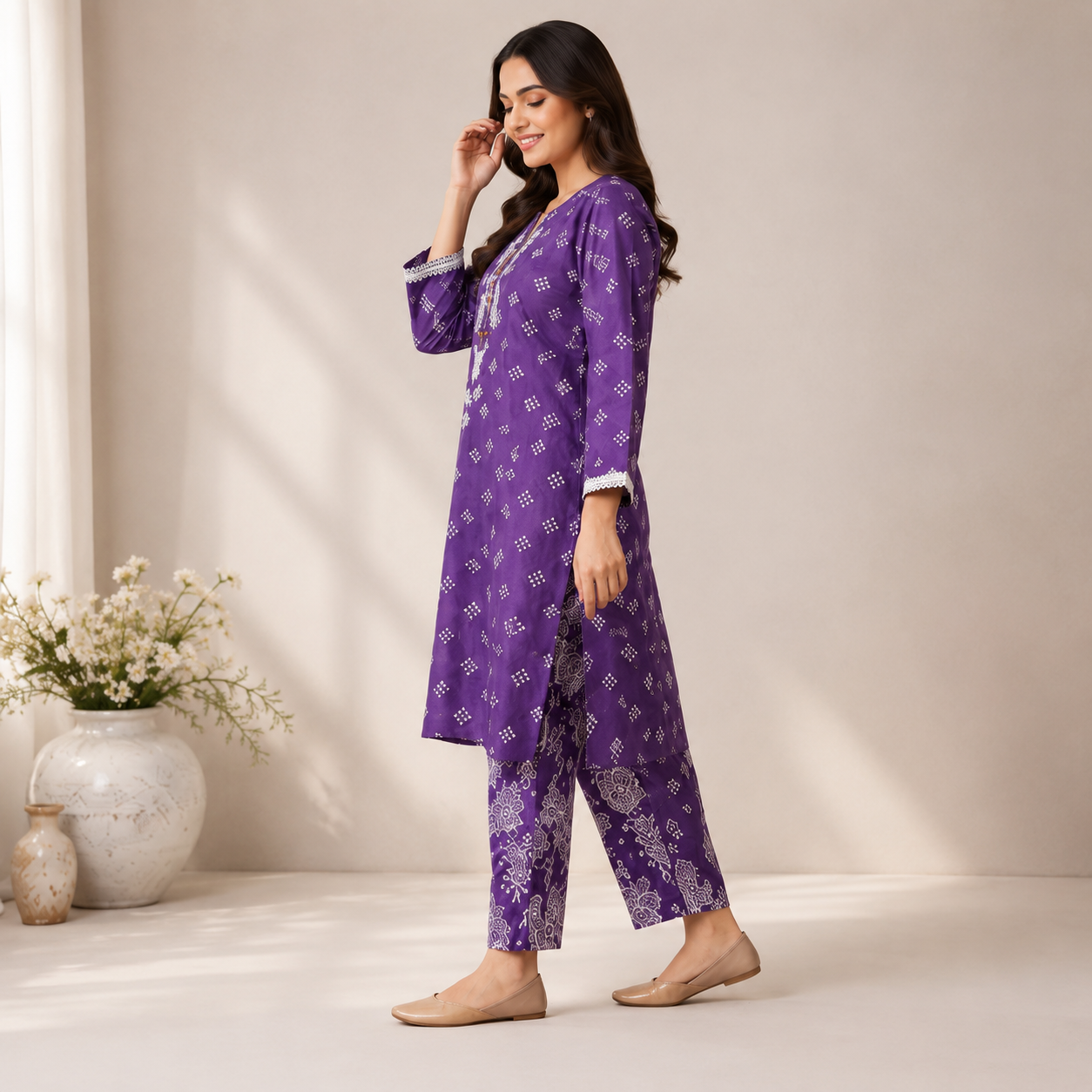 Purple Embroidered 2 Piece Summer Suit for Women - Image 2