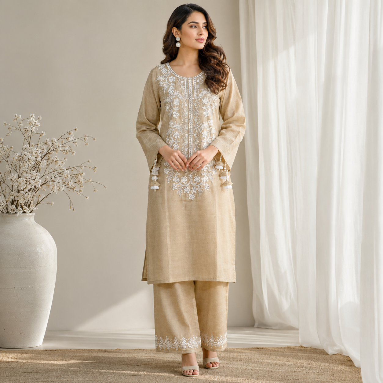 Elegant Beige Embroidered 2 Piece Suit for Women - Image 2
