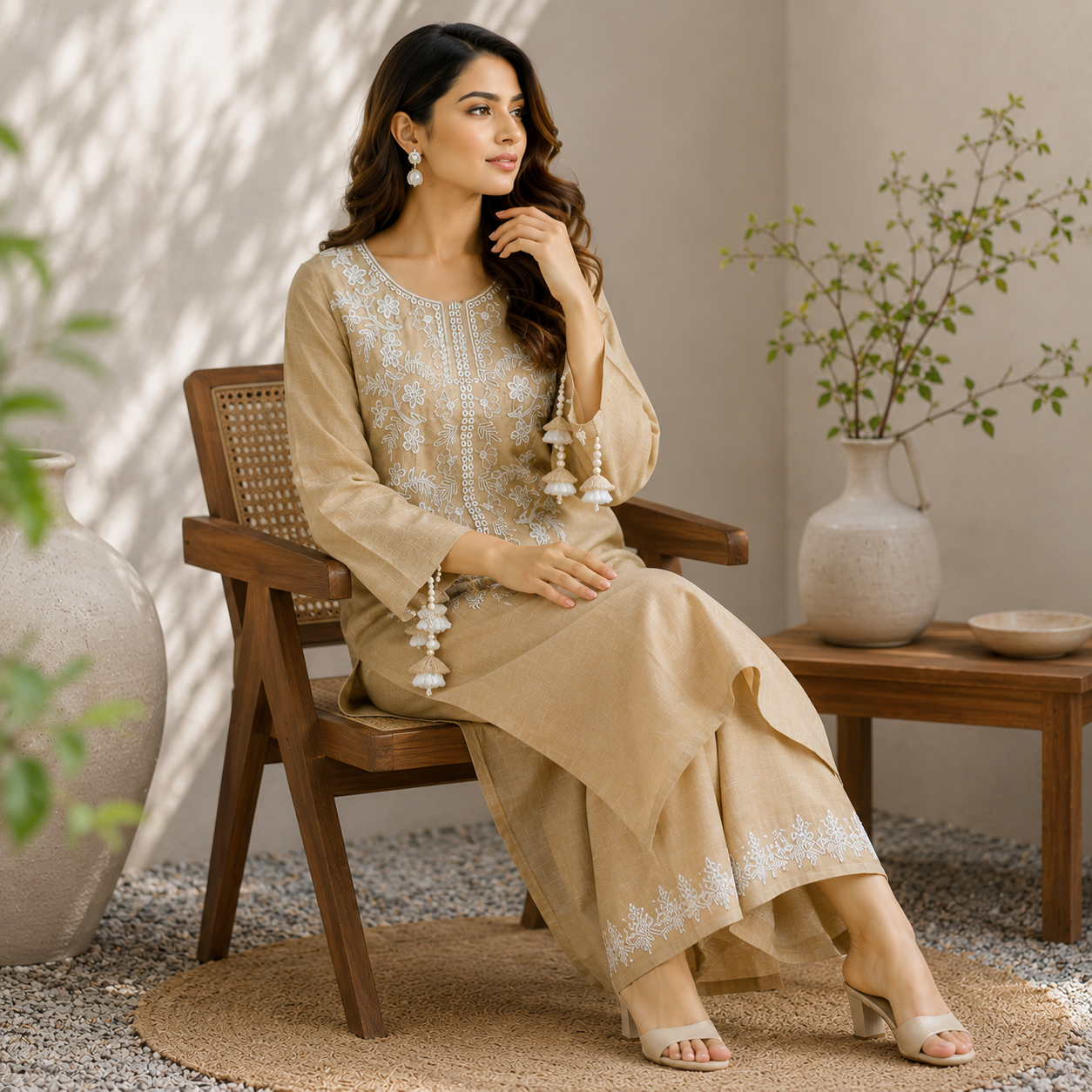 Elegant Beige Embroidered 2 Piece Suit for Women