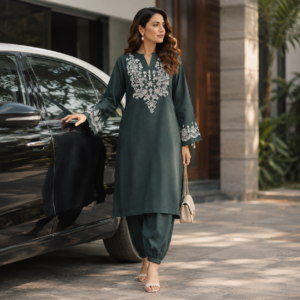 Elegant Dark Green Embroidered 2 Piece Suit for Women