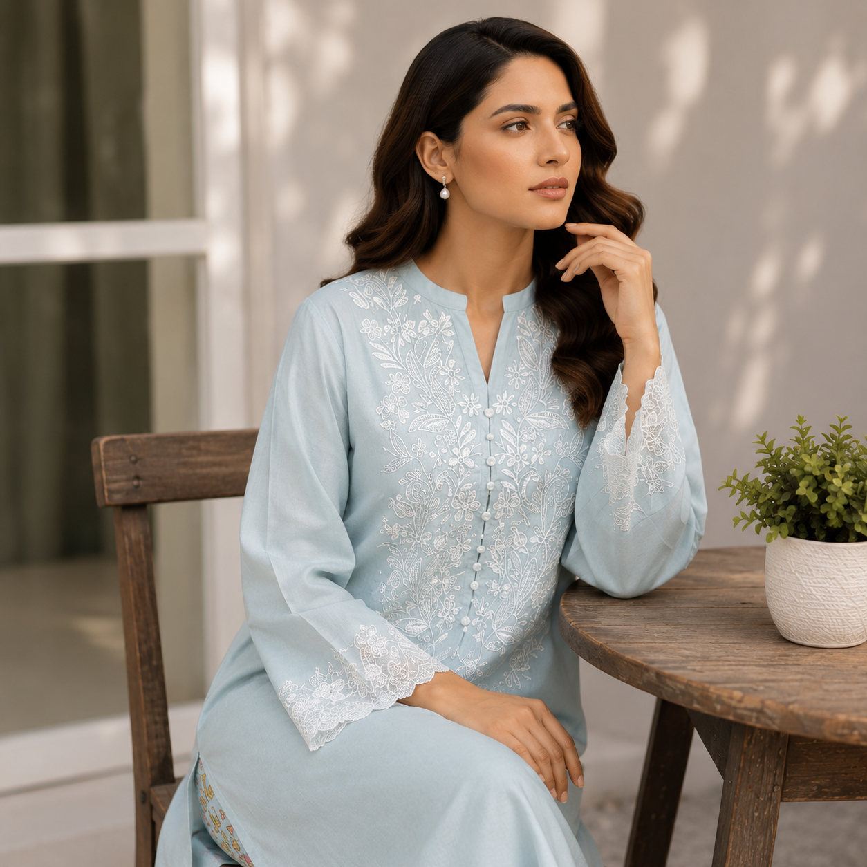 Light Blue Embroidered 2 Piece Suit with Printed Shalwar - Image 3