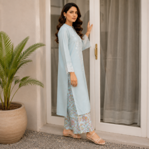 Light Blue Embroidered 2 Piece Suit with Printed Shalwar