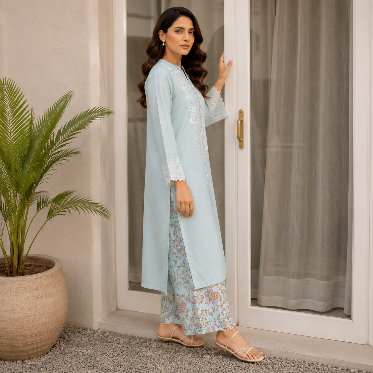 Light Blue Embroidered 2 Piece Suit with Printed Shalwar