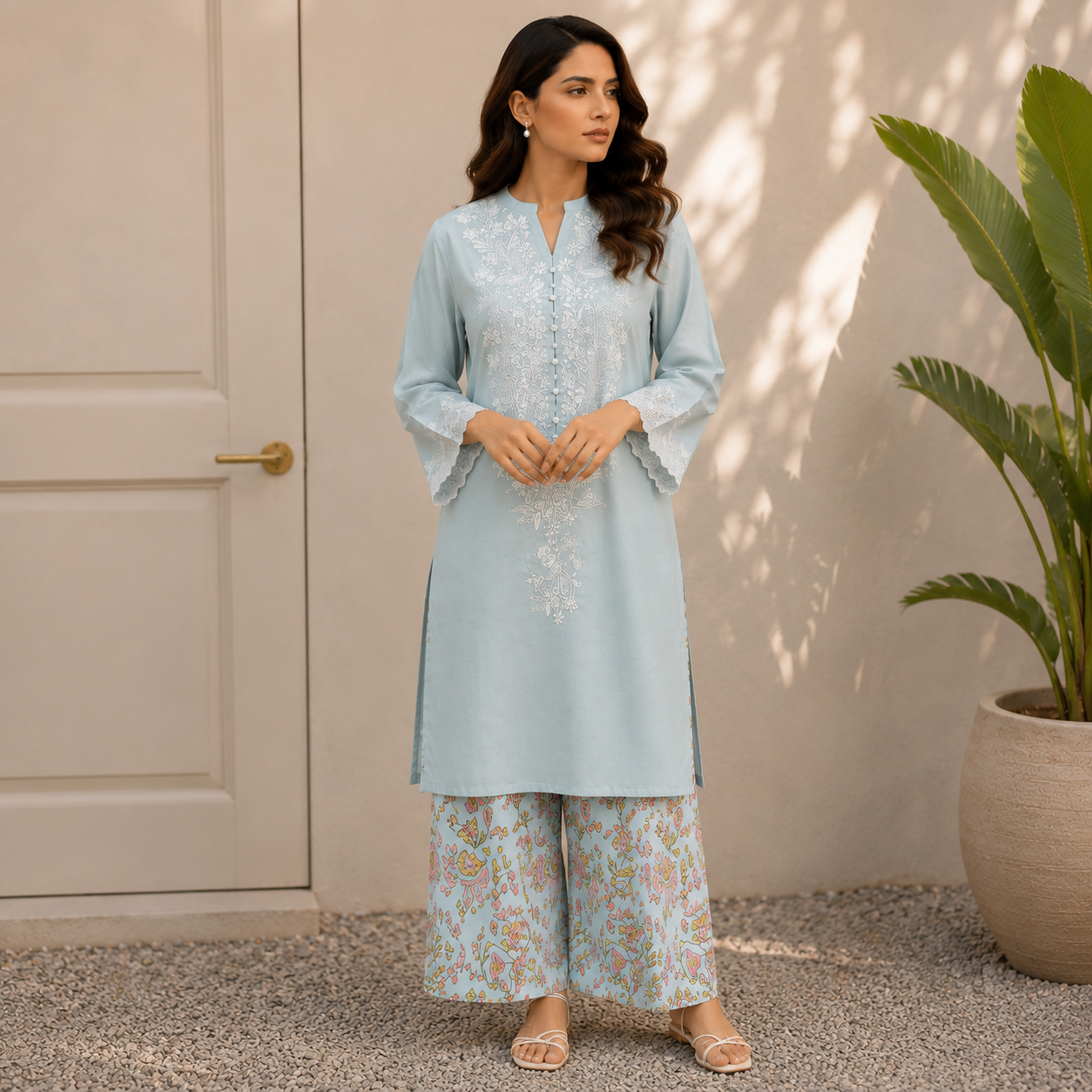 Light Blue Embroidered 2 Piece Suit with Printed Shalwar - Image 2