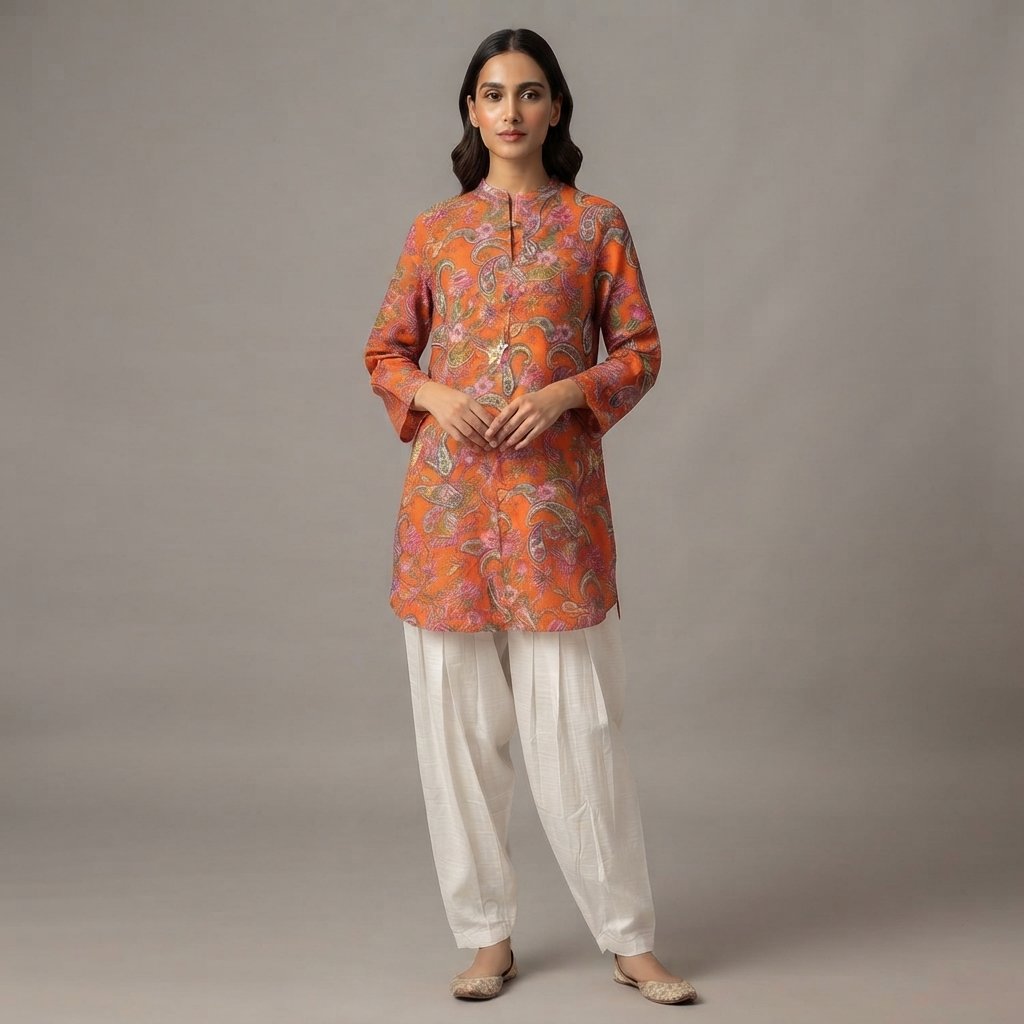 Elegant Orange Paisley Printed linen 2 Piece Suit for Women - Image 3