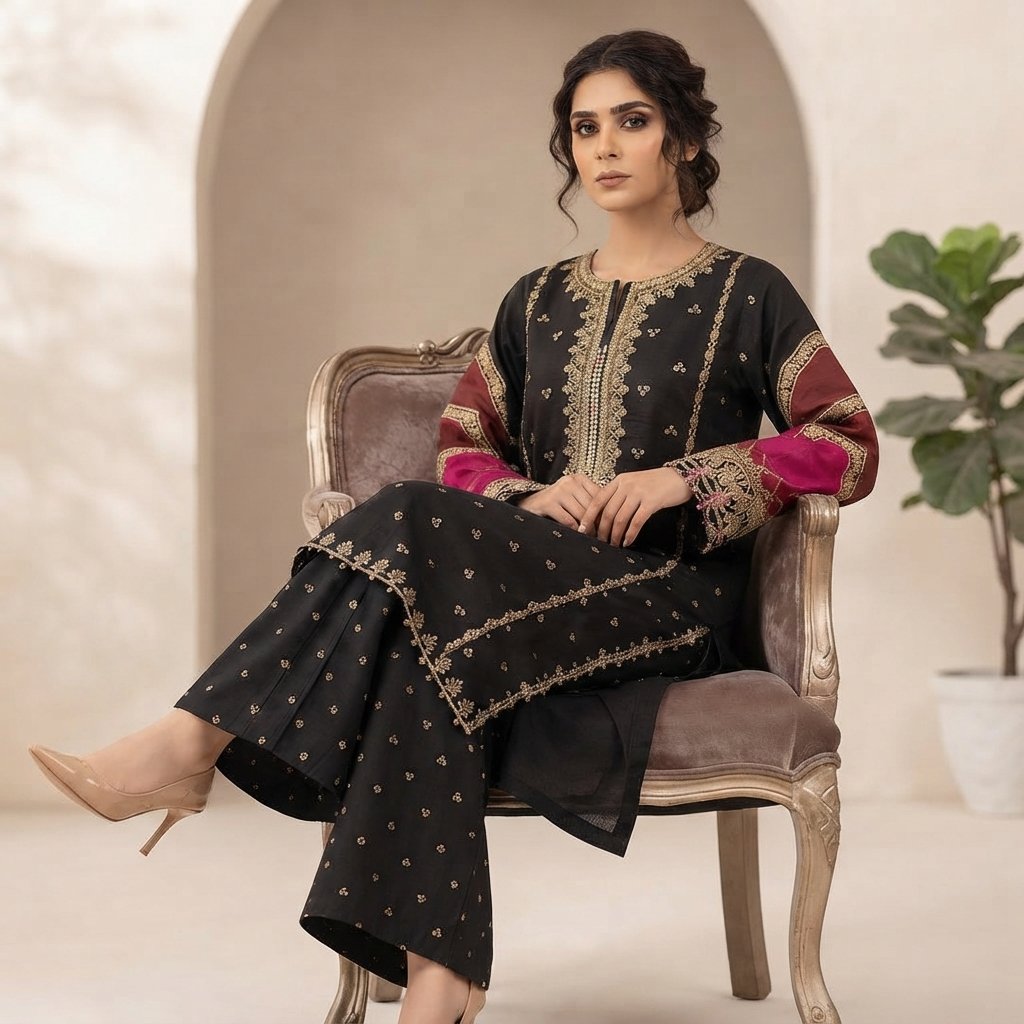 Black Embroidered 2 Piece Suit - Image 3