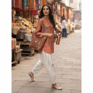 Elegant Orange Paisley Printed linen 2 Piece Suit for Women
