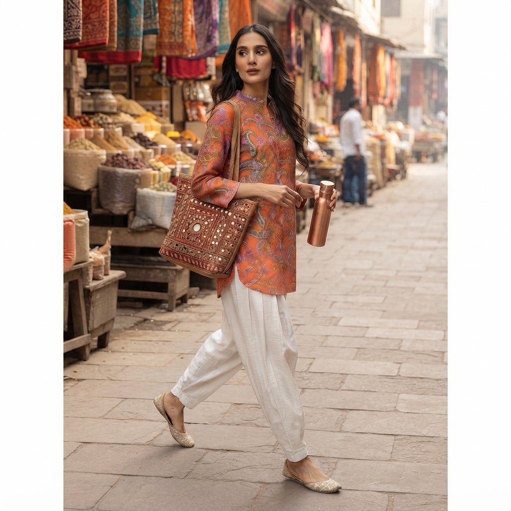 Elegant Orange Paisley Printed linen 2 Piece Suit for Women