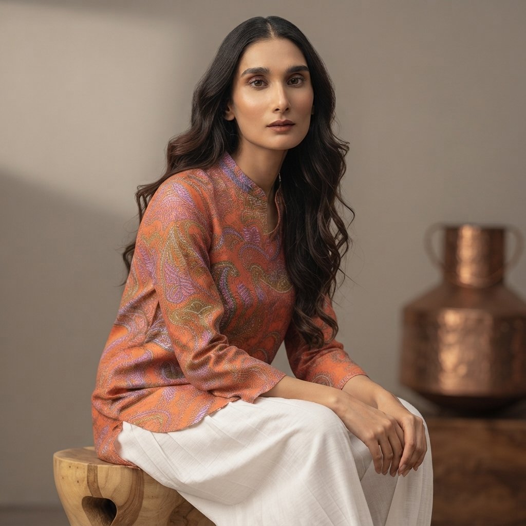 Elegant Orange Paisley Printed linen 2 Piece Suit for Women - Image 2