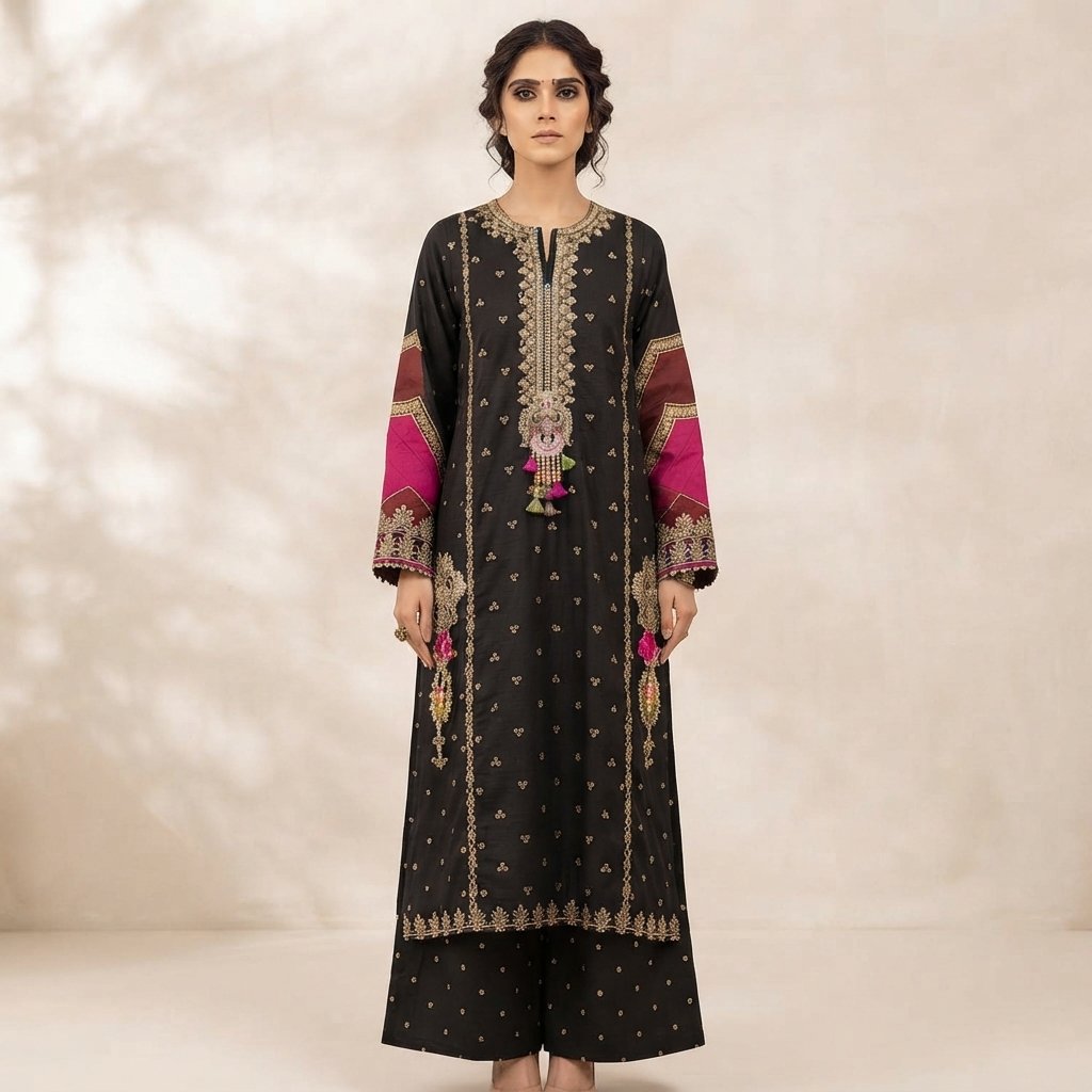 Black Embroidered 2 Piece Suit