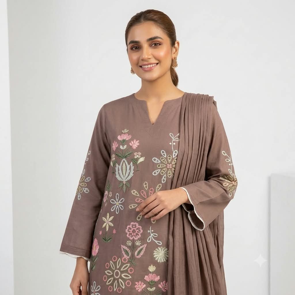 Brown Embroidered 3 Piece Suit for Women – Elegant Kurta Trouser with Dupatta - Image 2