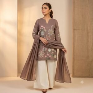 Brown Embroidered 3 Piece Suit for Women – Elegant Kurta Trouser with Dupatta