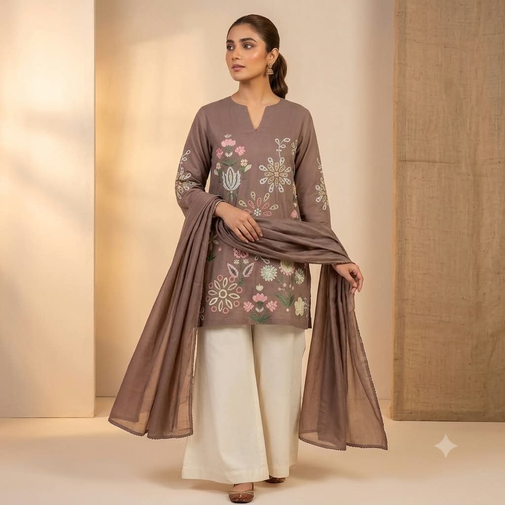 Brown Embroidered 3 Piece Suit for Women – Elegant Kurta Trouser with Dupatta