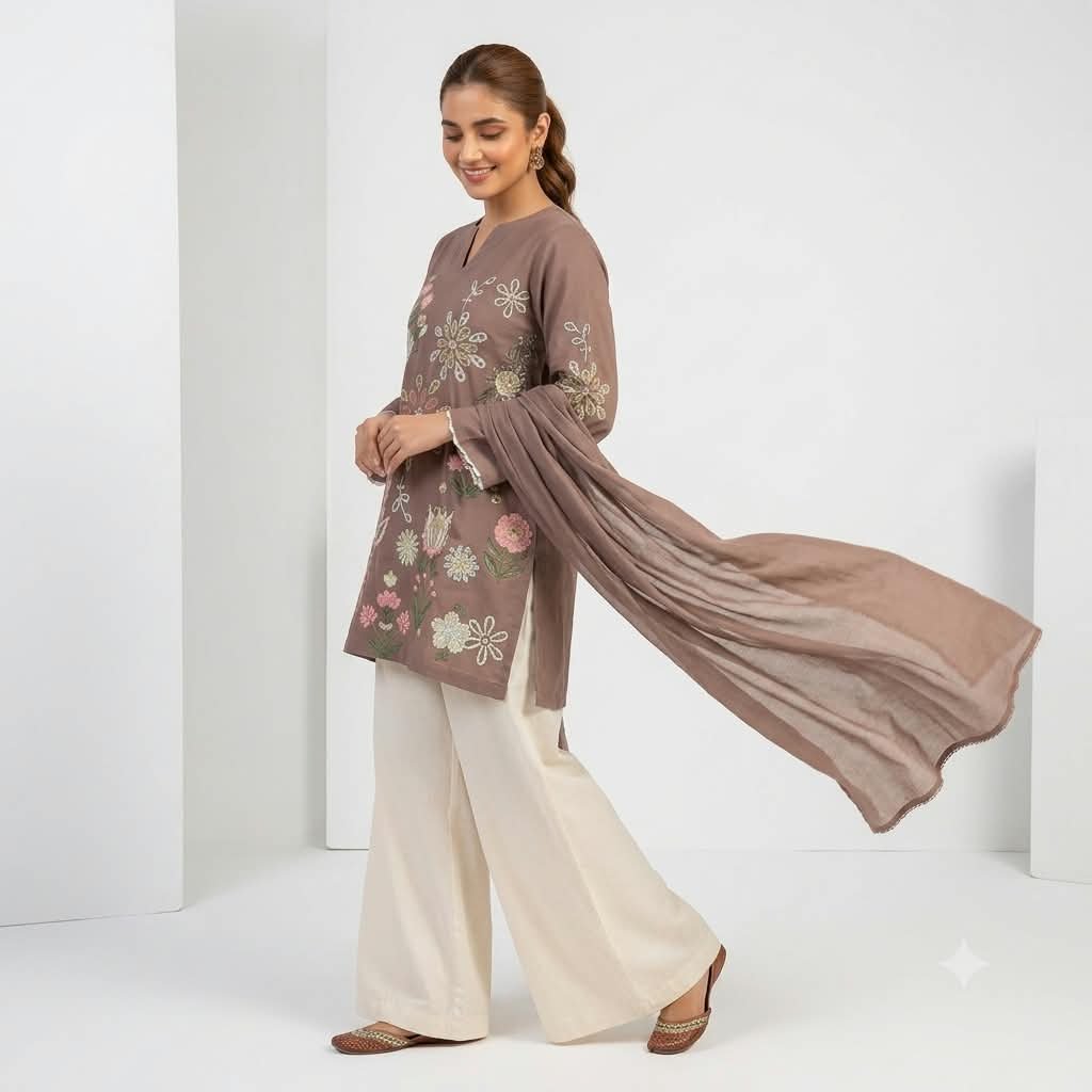 Brown Embroidered 3 Piece Suit for Women – Elegant Kurta Trouser with Dupatta - Image 4