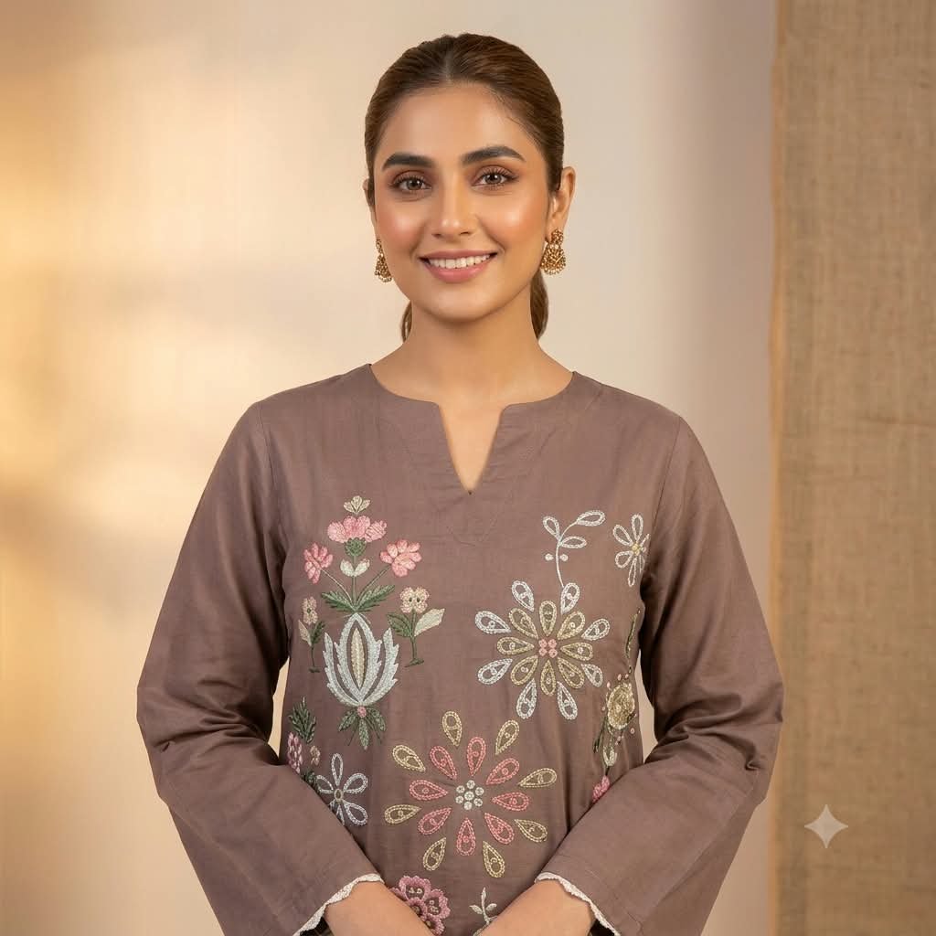 Brown Embroidered 3 Piece Suit for Women – Elegant Kurta Trouser with Dupatta - Image 3