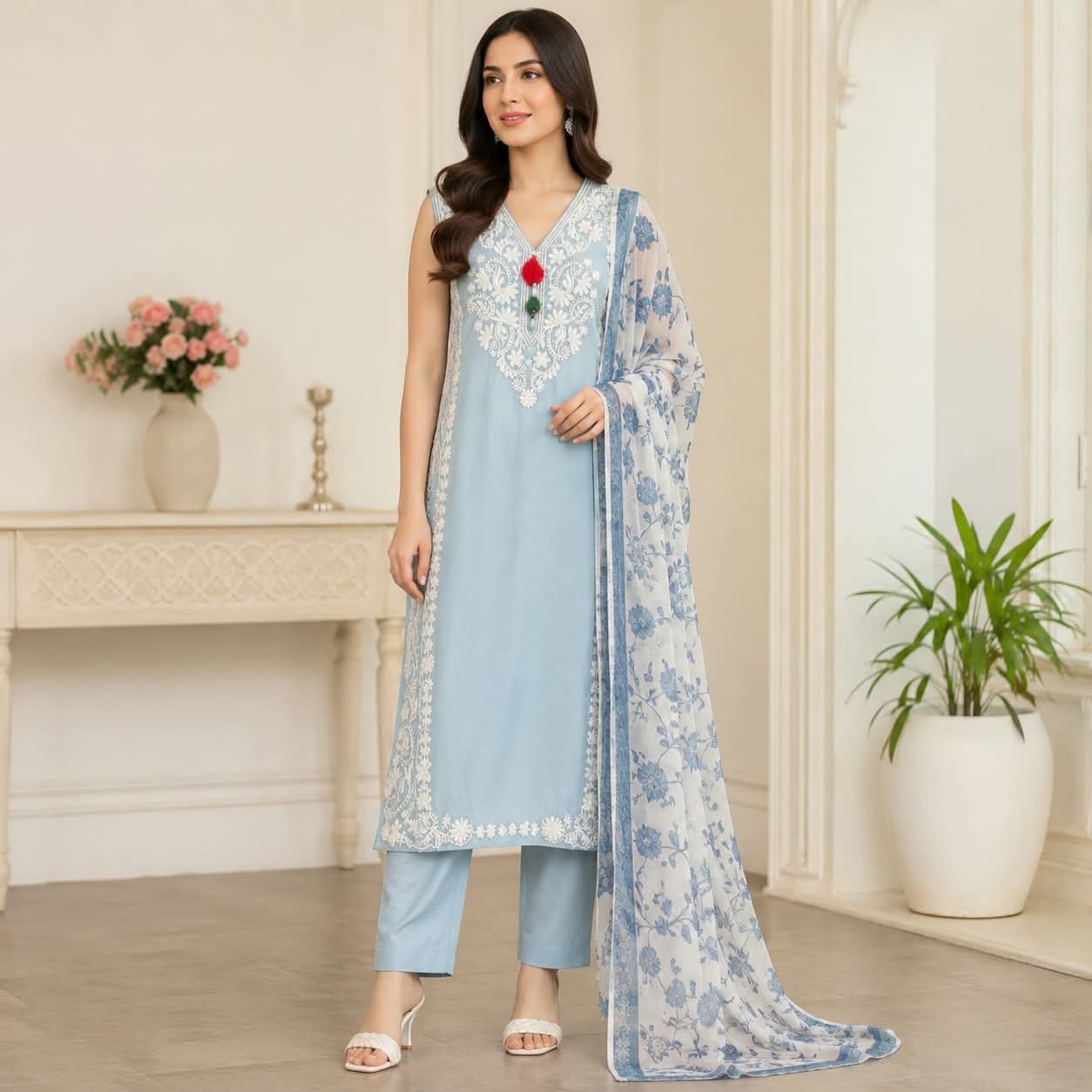 Light Blue Embroidered 3 Piece Suit for Women – Elegant Printed Dupatta - Image 3