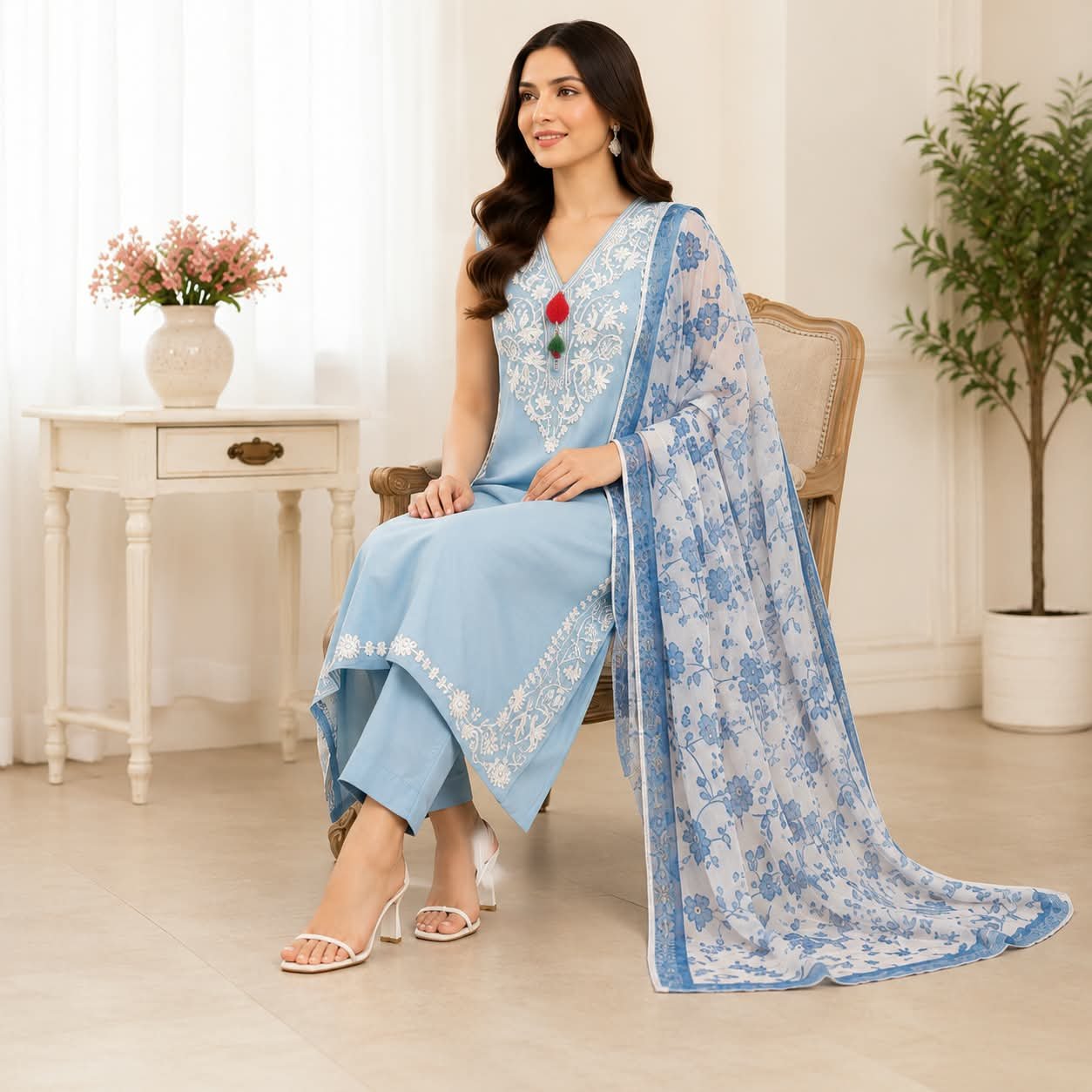 Light Blue Embroidered 3 Piece Suit for Women – Elegant Printed Dupatta - Image 2