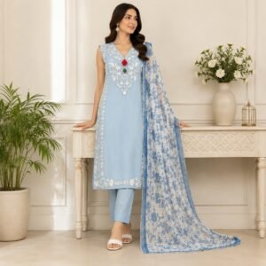 Light Blue Embroidered 3 Piece Suit for Women – Elegant Printed Dupatta