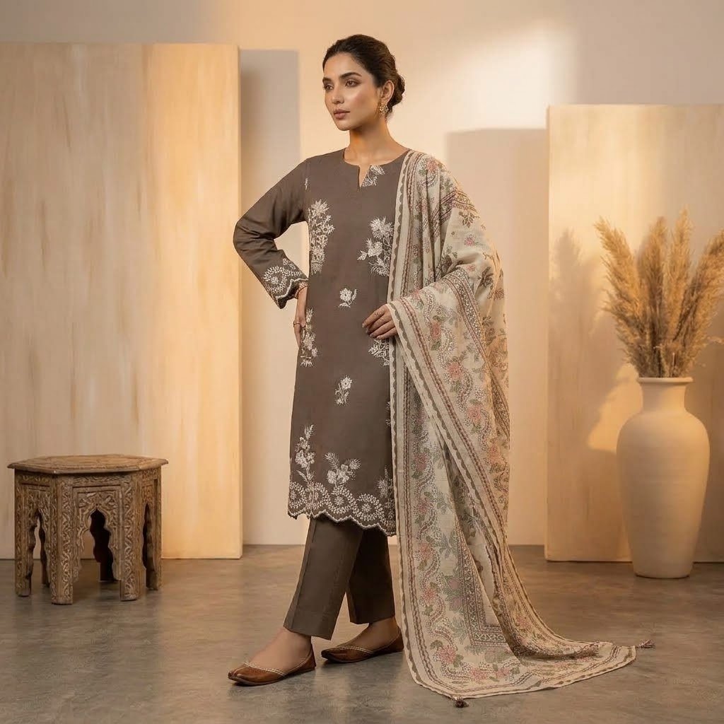 KHAADI New Arrival Cotton Embroidered 3 Piece Suit - Image 3