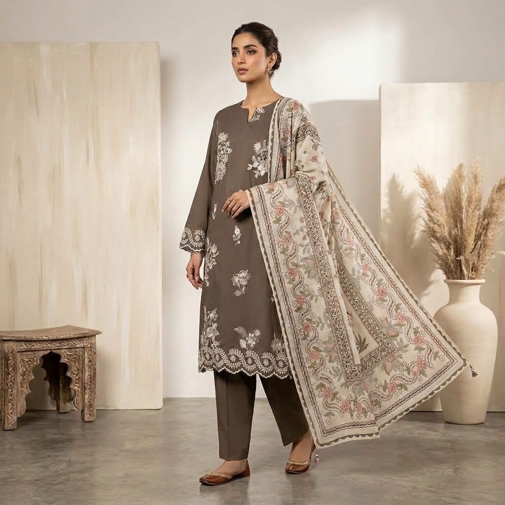 KHAADI New Arrival Cotton Embroidered 3 Piece Suit - Image 2