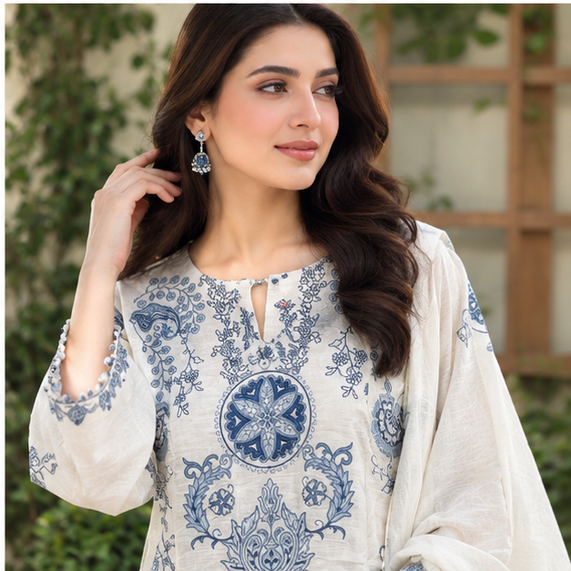 Elegant Cream & Blue Embroidered 3 Piece Suit for Women - Image 3