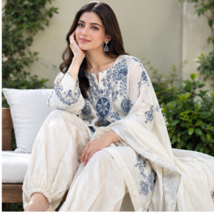 Elegant Cream & Blue Embroidered 3 Piece Suit for Women
