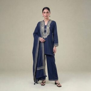 Navy Embroidered Khaddar 3-Piece Suit with Kurta, Pants & Dupatta