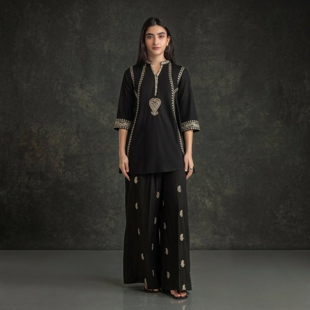 Black Cambric Paisley Embroidered Kurta with Pants and Dupatta - Image 2