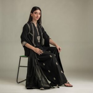 Black Cambric Paisley Embroidered Kurta with Pants and Dupatta