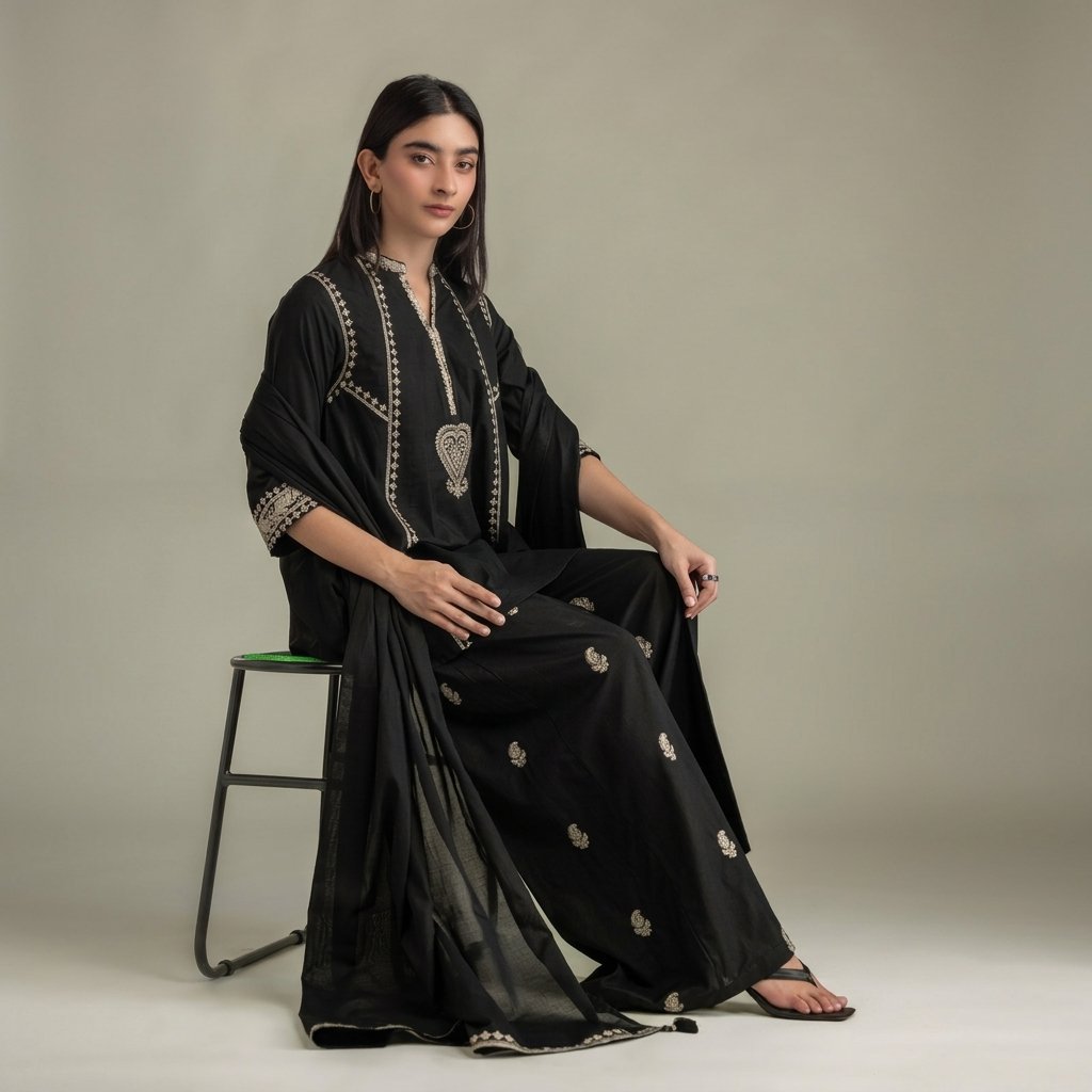 Black Cambric Paisley Embroidered Kurta with Pants and Dupatta