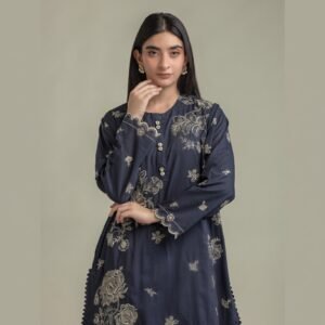 Navy Floral Embroidered Kurta with Mint Printed Cambric Shalwar