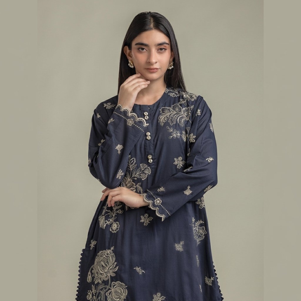 Navy Floral Embroidered Kurta with Mint Printed Cambric Shalwar