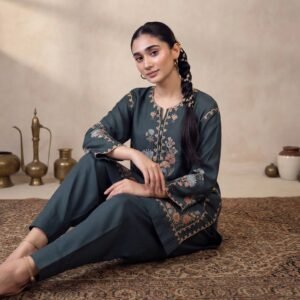 Embroidered Raw Silk 2-Piece Suit – Elegant Dark Teal