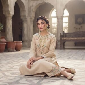 Floral Beige Raw Silk 2-Piece Suit