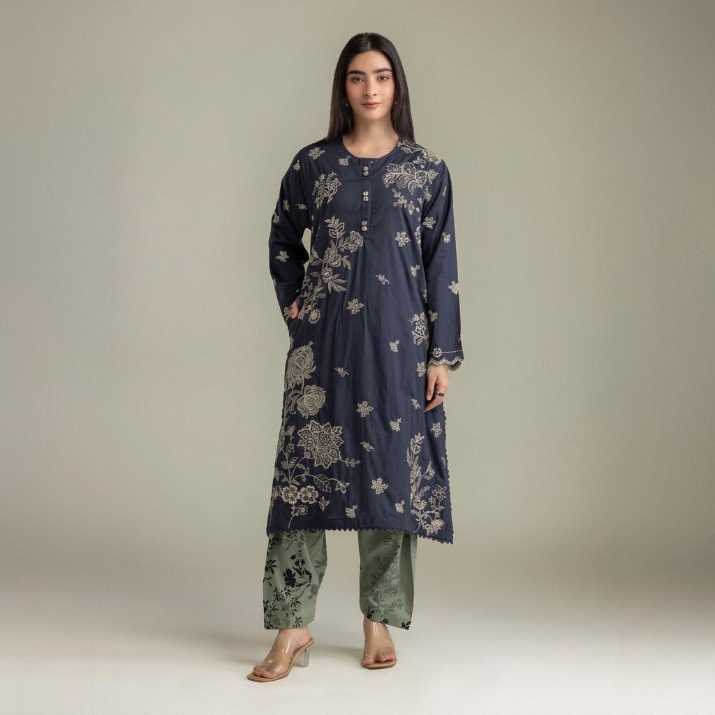 Navy Floral Embroidered Kurta with Mint Printed Cambric Shalwar - Image 2