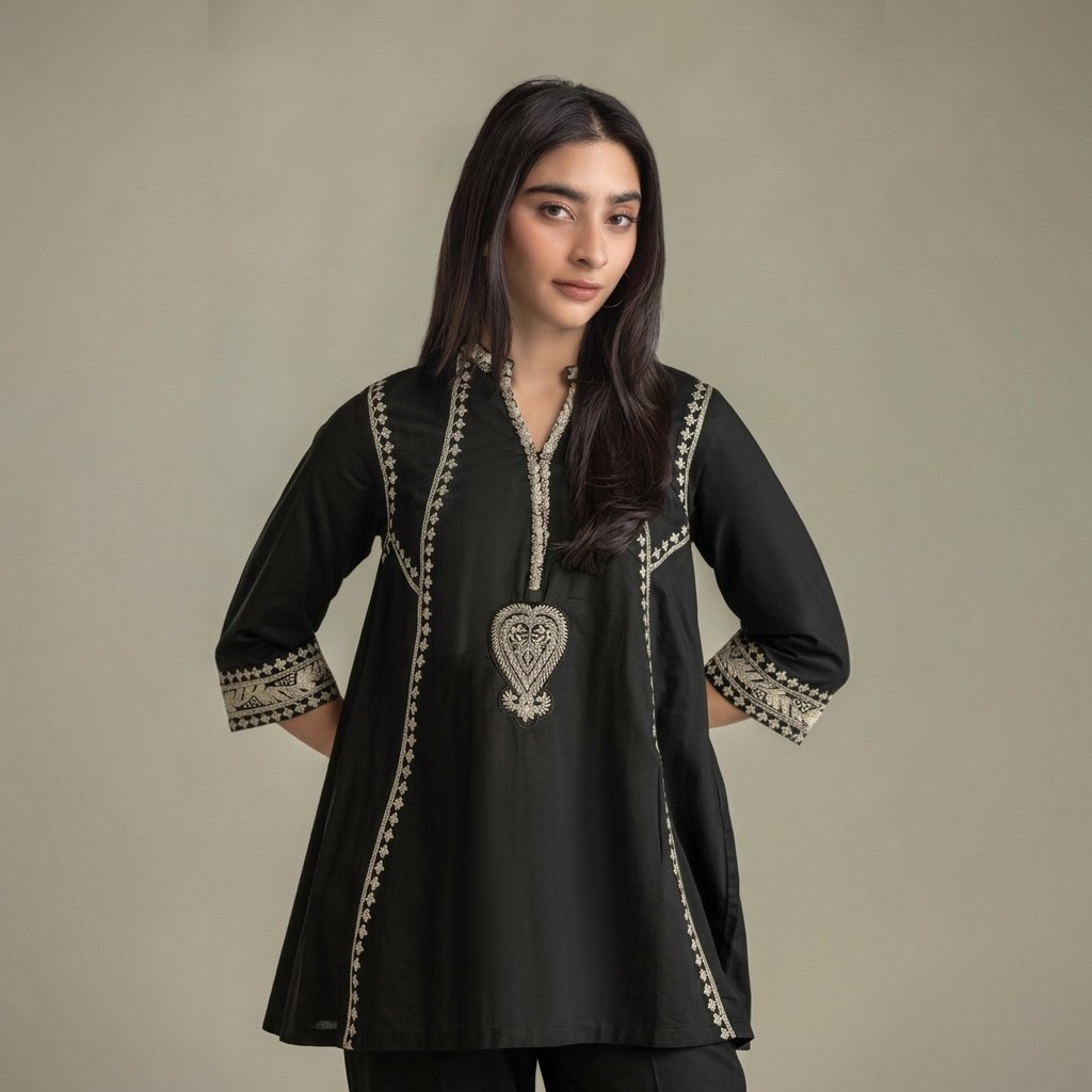 Black Cambric Paisley Embroidered Kurta with Pants and Dupatta - Image 3