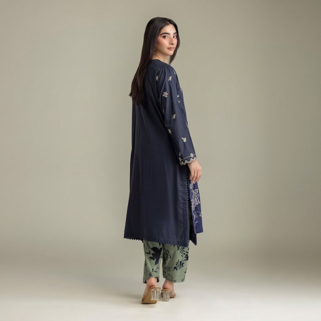 Navy Floral Embroidered Kurta with Mint Printed Cambric Shalwar - Image 3