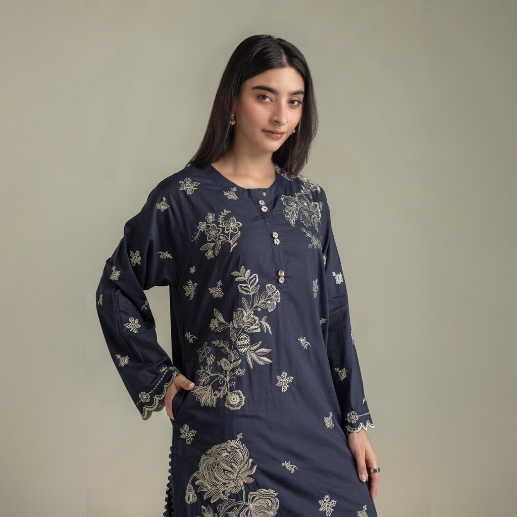 Navy Floral Embroidered Kurta with Mint Printed Cambric Shalwar - Image 4