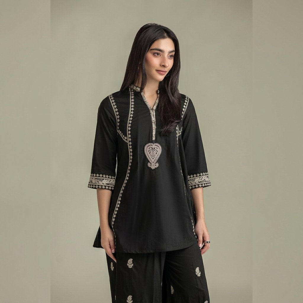 Black Cambric Paisley Embroidered Kurta with Pants and Dupatta - Image 4