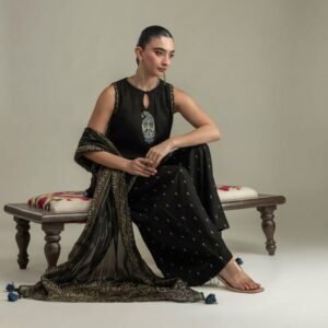Black Raw Silk Sleeveless Kurta with Pants and Mesuri Dupatta