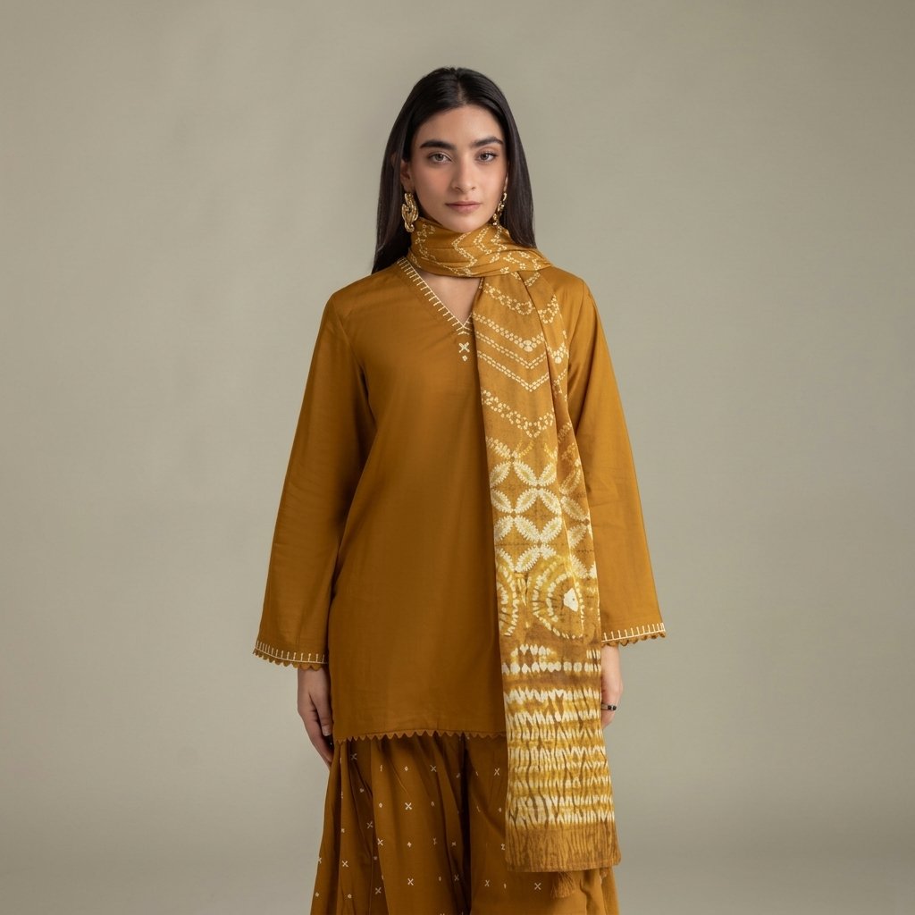Mustard Cambric Embroidered Kurta Set with Pants and Lawn Dupatta - Image 2