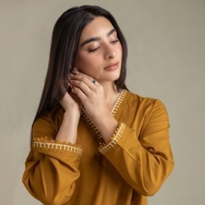 Mustard Cambric Embroidered Kurta Set with Pants and Lawn Dupatta
